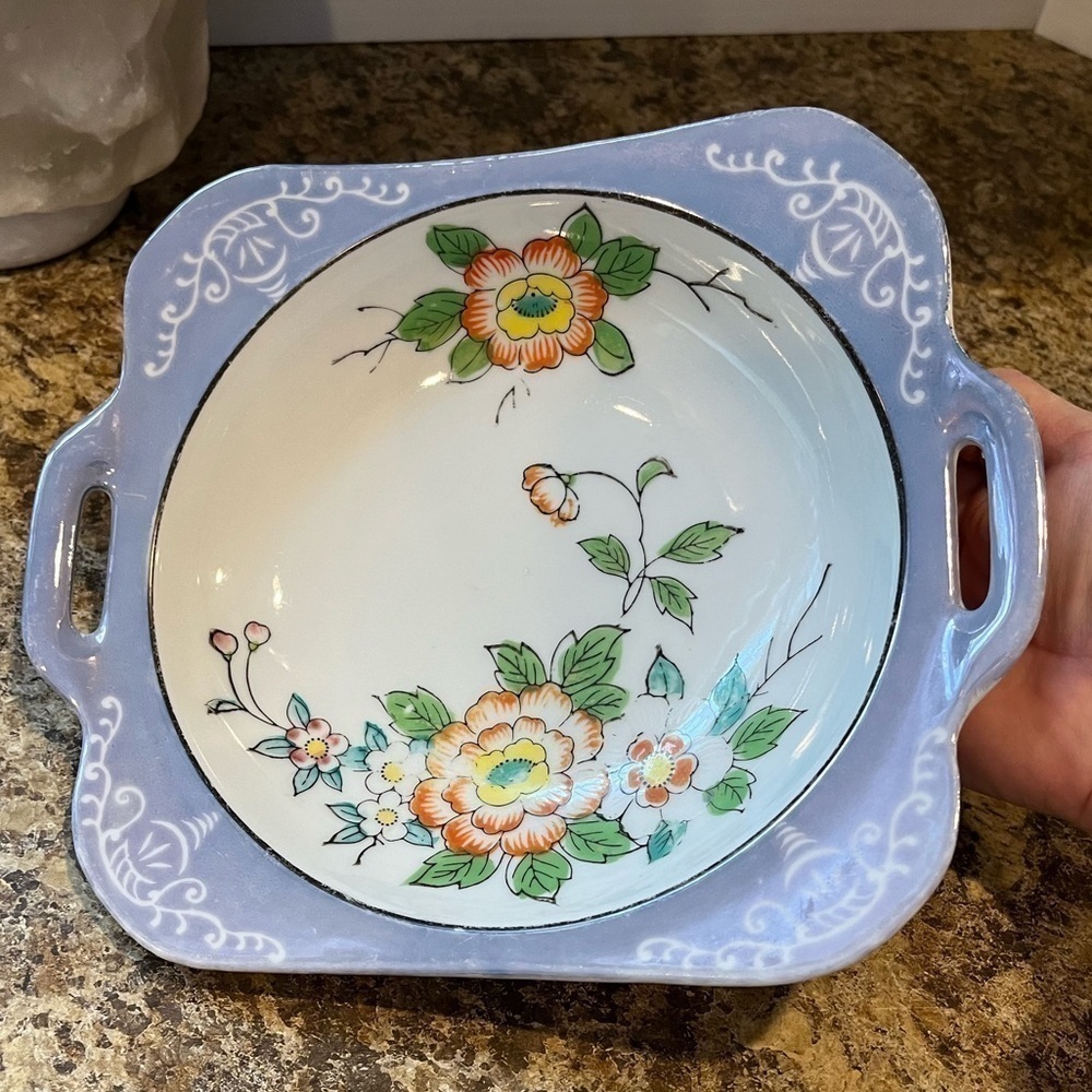 Vintage Square Blue Floral Lusterware Bowl 9” Dish Made in Japan - Picture 6 of 16